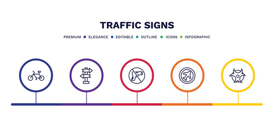 set of traffic signs thin line icons. traffic signs outline icons with infographic template. linear icons such as bicycle, crossroad, no weapons, airport, biological hazard vector.