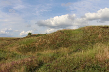 A grassy hill with a cloudy sky