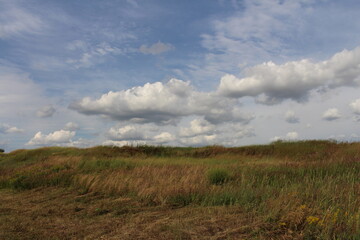 Fototapeta na wymiar A grassy field with clouds in the sky