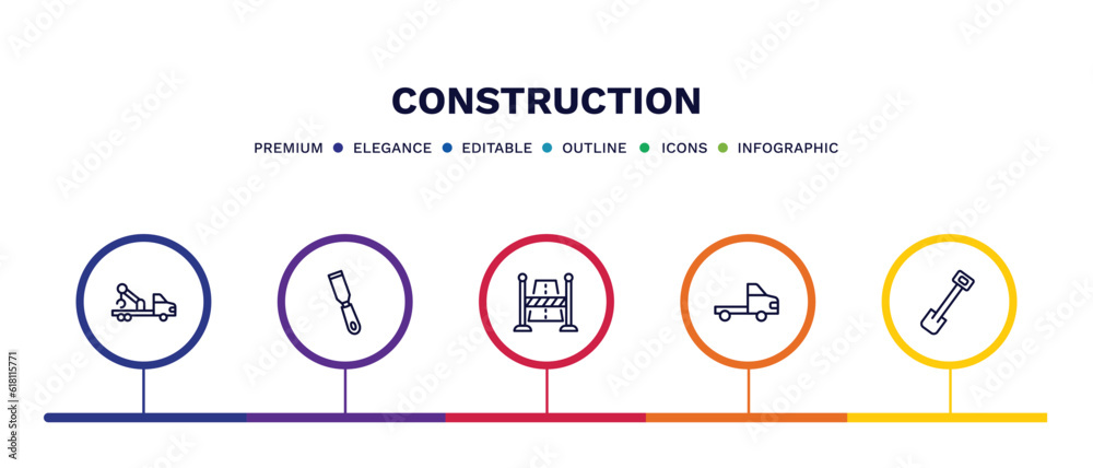 Poster set of construction thin line icons. construction outline icons with infographic template. linear icons such as crane truck, , road stopper, trolley truck, inclined shovel vector.