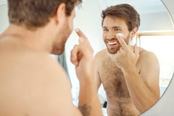 Bathroom mirror reflection, skincare cream or happy man with spf sunscreen, lotion or moisturizer...