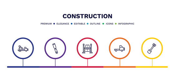 set of construction thin line icons. construction outline icons with infographic template. linear icons such as crane truck, , road stopper, trolley truck, inclined shovel vector.