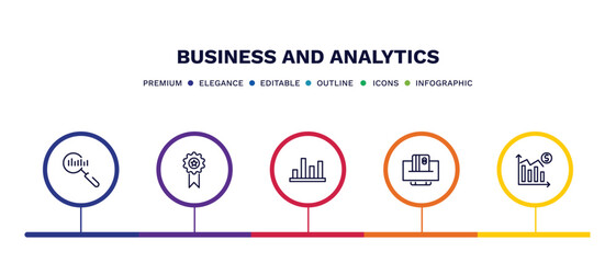 set of business and analytics thin line icons. business and analytics outline icons with infographic template. linear icons such as search analytics, achievement, bar stats, online payment, profit