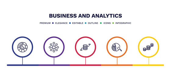 set of business and analytics thin line icons. business and analytics outline icons with infographic template. linear icons such as round value chart, variety, database analysing, data analysis pie