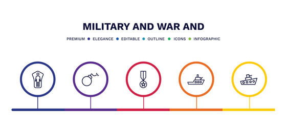 set of military and war and thin line icons. military and war outline icons with infographic template. linear icons such as conscription, bomb, condecoration, militar ship, ship vector.