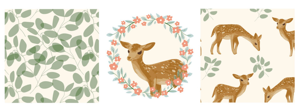 Pattern and print set with elegant deer with floral frame, greenery. Vector illustration © Anastasia