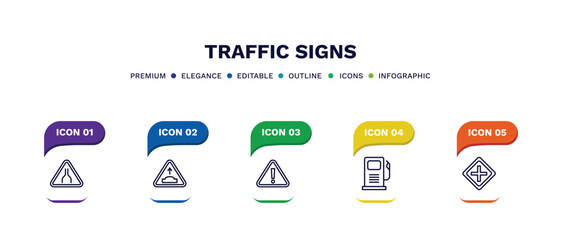 set of traffic signs thin line icons. traffic signs outline icons with infographic template. linear icons such as narrow road, hump, danger, gasoline, intersection vector.
