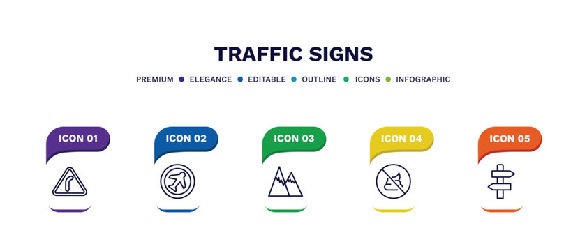 set of traffic signs thin line icons. traffic signs outline icons with infographic template. linear icons such as right bend, airport, hill, no pooping, road vector.