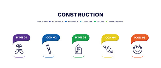 set of construction thin line icons. construction outline icons with infographic template. linear icons such as two shovels, , home key, inclined magnet