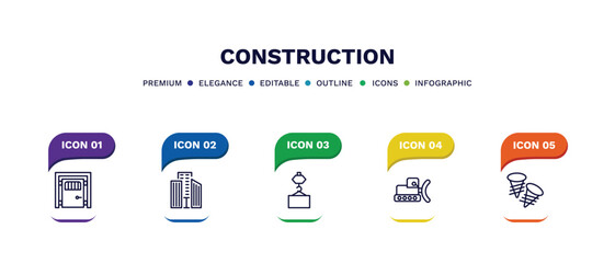 Fototapeta na wymiar set of construction thin line icons. construction outline icons with infographic template. linear icons such as big door, big building, derrick with pallet, bulldozer, two screws vector.