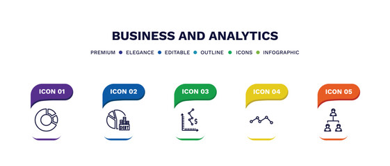 set of business and analytics thin line icons. business and analytics outline icons with infographic template. linear icons such as chart pie, debt, depleting chart, graph, hierarchy vector.