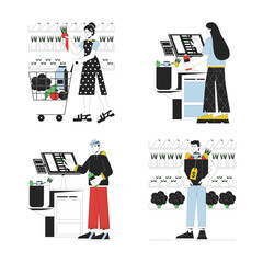 People everyday activities flat line color vector characters set. Editable outline full body people in supermarket on white. Shopping simple cartoon spot illustrations pack for web graphic design