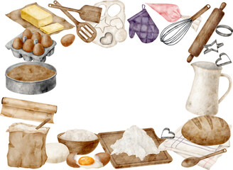 Watercolor baking border frame. Cooking tools and ingredients background. Pastry horizontal template isolated on transparent for bakery, cafe, culinary blog, banner. Baking bread, pie illustration