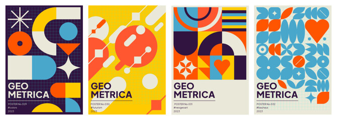 Trendy, abstract, geometric and colorful poster set with basic shapes, influenced by Swiss style.