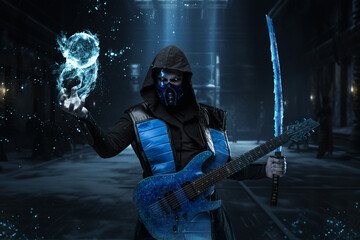 Shot of Ice assassin guitarist with katana dressed in costume with hood. © Fxquadro