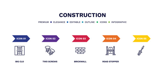 set of construction thin line icons. construction outline icons with infographic template. linear icons such as big clo, two screws, brickwall, road stopper, vector.
