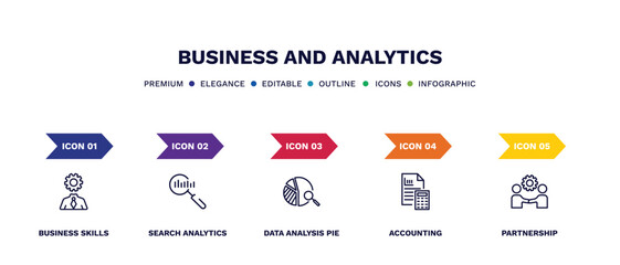 set of business and analytics thin line icons. business and analytics outline icons with infographic template. linear icons such as business skills, search analytics, data analysis pie chart,