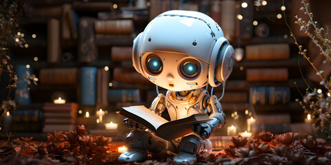 Cute robot reading a book in the library, cartoon style, artificial intelligence learning, android kid, generated ai - obrazy, fototapety, plakaty