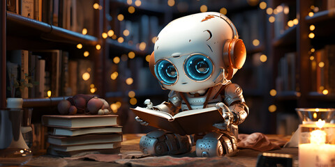 Cute robot reading a book in the library, cartoon style, artificial intelligence learning, android kid, generated ai - obrazy, fototapety, plakaty