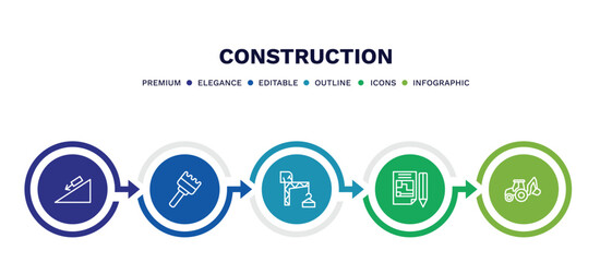 set of construction thin line icons. construction outline icons with infographic template. linear icons such as inclined, sand brush, constructions, , backhoes vector.