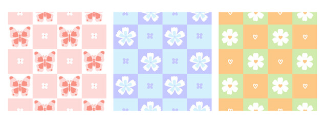 Set of cute checkered seamless patterns with flowers and butterflies in pastel colors. Vector graphics.