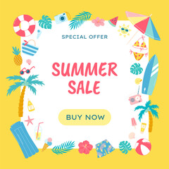 Fototapeta na wymiar Summer sale vector banner design for promotion with colorful beach elements around text on yellow background. Vector illustration.