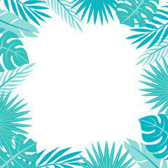 Frame with summer tropical leaves. Palm, monstera and banana leaves. Background design template for social media, greeting cards, wedding invitations, postcards.