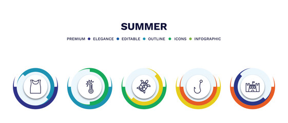 set of summer thin line icons. summer outline icons with infographic template. linear icons such as sleeveless, summer temperature, sea turtle, fish and hook, sand castle vector.