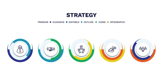 set of strategy thin line icons. strategy outline icons with infographic template. linear icons such as money bag, handshake, human resources, investment, leader vector.