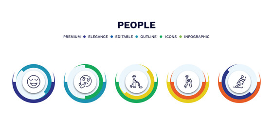 set of people thin line icons. people outline icons with infographic template. linear icons such as relieved smile, thinking smile, man vacuuming, playing with a rope, ski stick man vector.