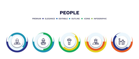 set of people thin line icons. people outline icons with infographic template. linear icons such as photographer working, architech working, success man happy, policeman working, help the elderly