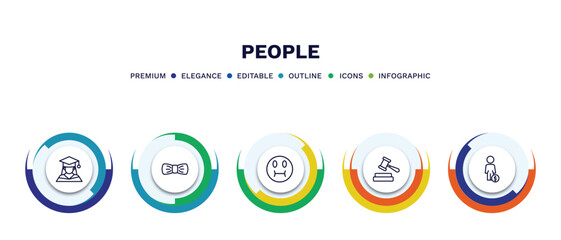 set of people thin line icons. people outline icons with infographic template. linear icons such as graduating woman, elegance, sick smile, judge with hammer, man with money vector.