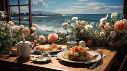 Obraz na płótnie Canvas breakfast bread cheese on wooden table decorated with flowers by the sea while enjoying the waves