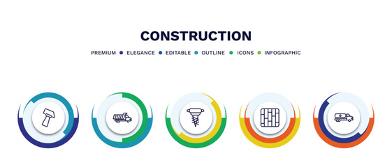 set of construction thin line icons. construction outline icons with infographic template. linear icons such as inclined hammer, , pickaxes drilling, fuel truck