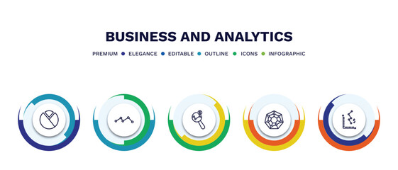 set of business and analytics thin line icons. business and analytics outline icons with infographic template. linear icons such as graph pie, graph, market research, radar chart, depleting chart