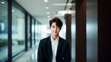 Fototapeta premium Portrait of a fictional young Korean businessman wearing a suit in an office. Generative AI illustration.