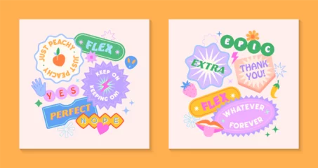 Deurstickers Vector templates with patches and stickers in 90s style.Modern emblems in y2k aesthetic with wavy background.Trendy funky designs for banners,social media marketing,branding,packaging,covers © Xenia Artwork 