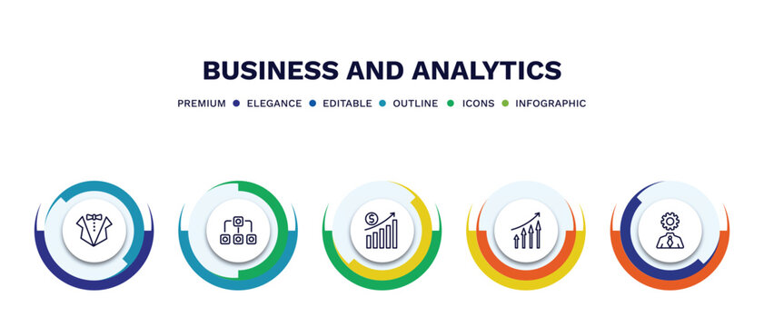 set of business and analytics thin line icons. business and analytics outline icons with infographic template. linear icons such as dress code, data analytics flow, revenue, increasing stocks,