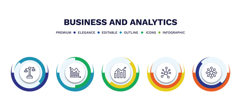 set of business and analytics thin line icons. business and analytics outline icons with infographic template. linear icons such as legal, data wave, stock market, connected data, variety vector.