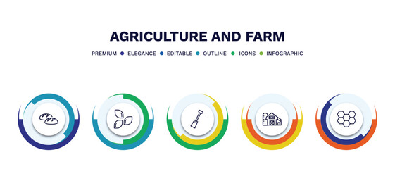 set of agriculture and farm thin line icons. agriculture and farm outline icons with infographic template. linear icons such as bread, seed, digging bar, barn, honeycomb vector.