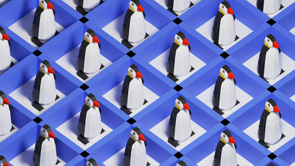 Lots of penguins in the rooms. The concept of software virtualization and containerization. 3d illustration