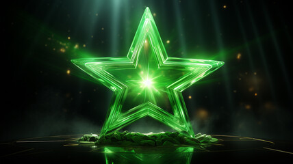 gr&uuml;ner Stern mit Lichteffekten auf dunklem Hintergrund. Querformat. Generative Ai.