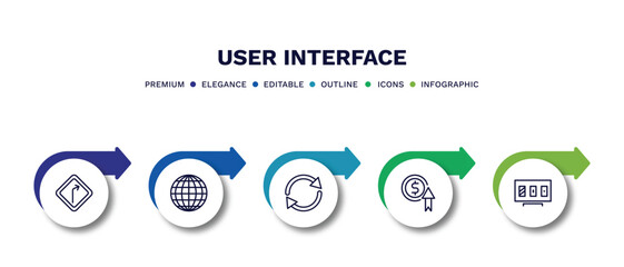 set of user interface thin line icons. user interface outline icons with infographic template. linear icons such as right curve, worldgrid, rotating arrows, improve incomes, online gambling vector.