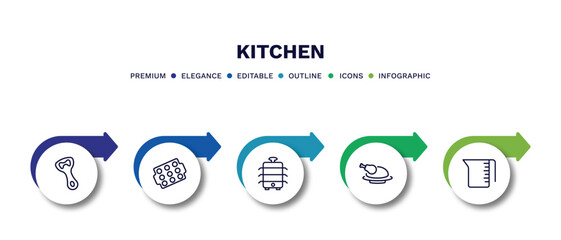 set of kitchen thin line icons. kitchen outline icons with infographic template. linear icons such as bottle opener, muffin pan, steamer, broiler, measuring cup vector.