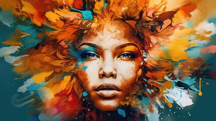 Abstract Art-inspired portrait of a vibrant woman. Surreal portrait of beautiful woman. Colorful hair. Unusual color work. digital art. Illustration of beautiful young woman. Generative Ai.