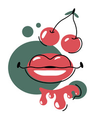 Juicy berry for healthy breakfasts. Women's lips smile. Air kiss. Cherry in flat outline style. Natural fresh juice. Design element for labels, stickers. Print for clothes. Seasonal summer berry.