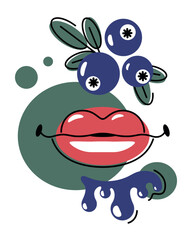 Sweet, juicy berry for cooking. Women's lips smile. Air kiss. Blueberries in flat outline style. Natural fresh juice. Design element for labels, stickers. Print for clothes. Seasonal summer berry.