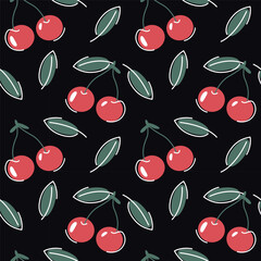 Seamless pattern with cherry branches on a dark background. Sweet, juicy berry for cooking. Print for printing on textiles, clothing and packaging. Delicious summer berry.