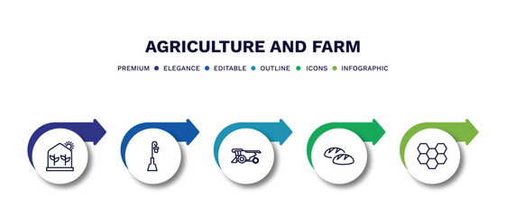 set of agriculture and farm thin line icons. agriculture and farm outline icons with infographic template. linear icons such as greenhouse, lamppost, combine harvester, bread, honeycomb vector.