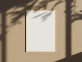 Minimal picture poster frame mockup on the wall with window shadow and leaves